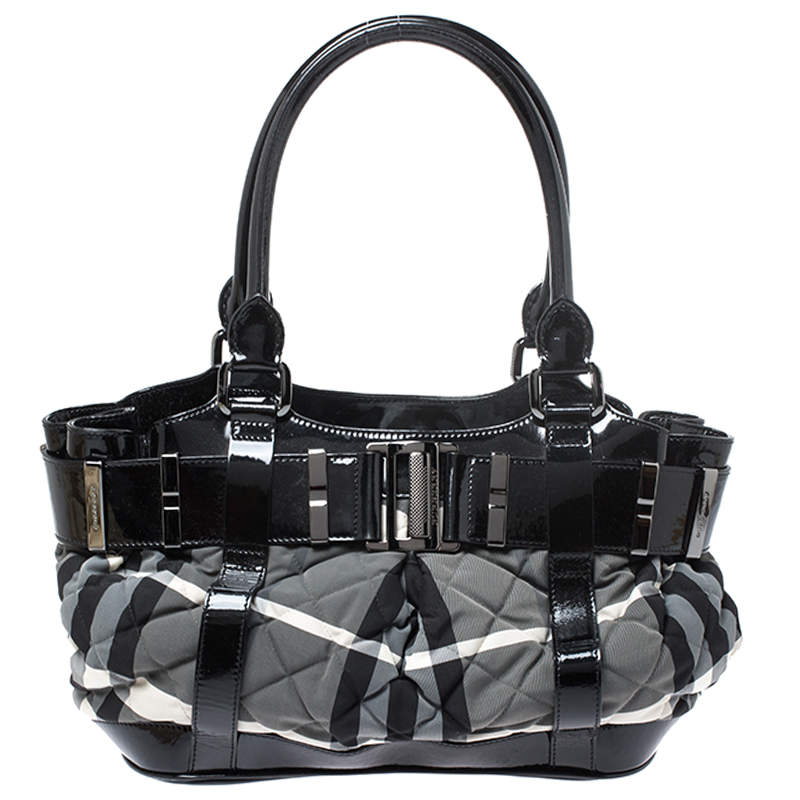 Burberry Black/Grey Beat Check Nylon and Patent Leather Small Healy Tote