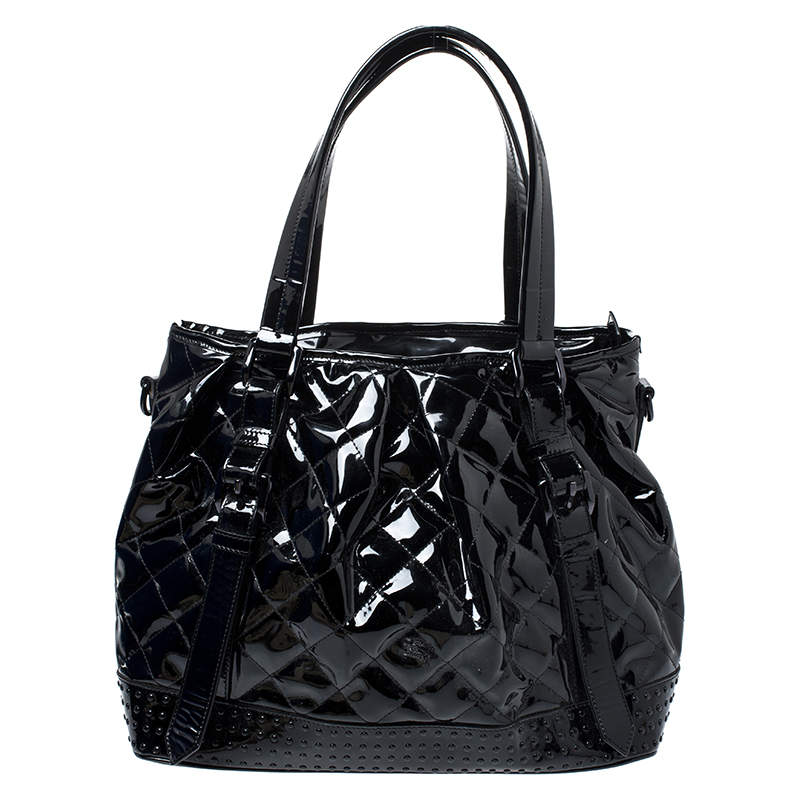 Pre Owned Burberry Black Quilted Patent Leather Studded Lowry Tote