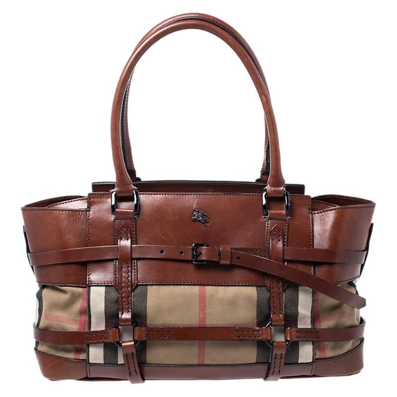 Pre Owned Burberry Brown Leather Bridle House Check Canvas Satchel