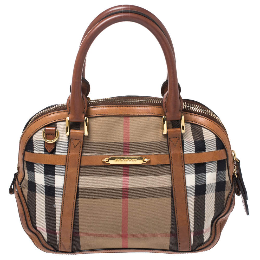 Pre Owned Burberry Beige/Brown House Check Fabric and Leather Orchard Bowler Bag