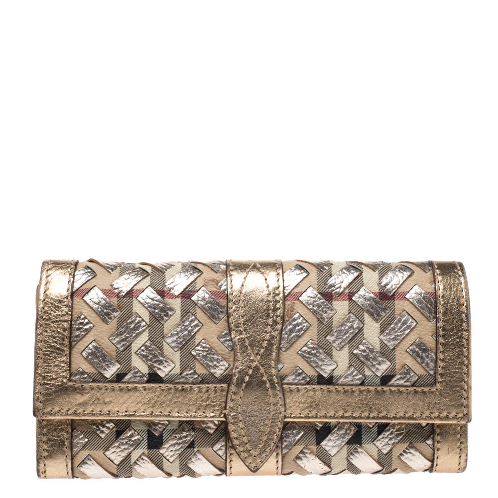 Pre Owned Burberry Beige/Gold Haymarket Check Coated Canvas and Leather Continental Wallet