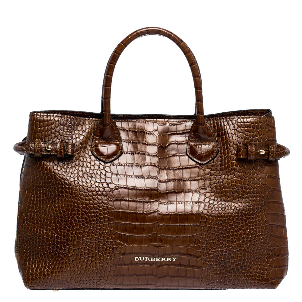 Pre Owned Burberry Brown Croc Embossed Leather and House Check Canvas Medium Banner Tote