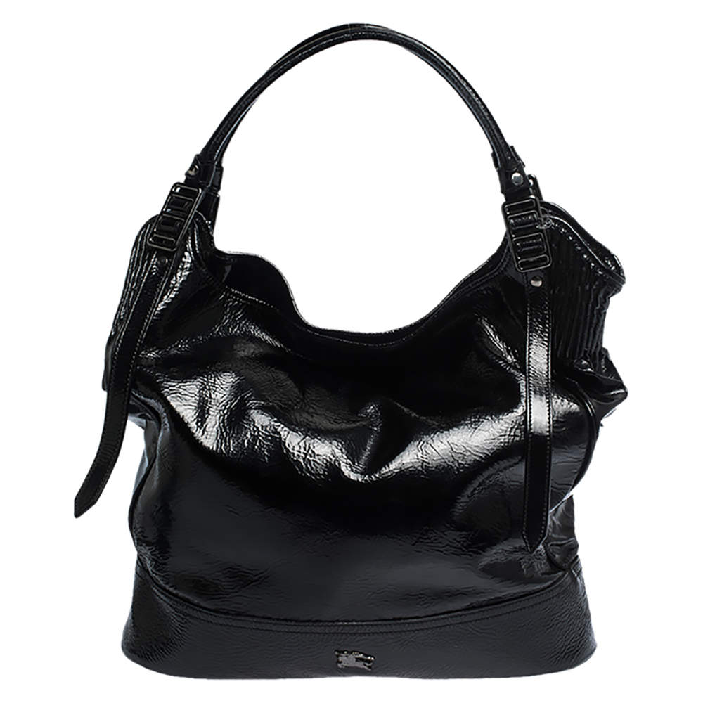 Pre Owned Burburry Black Patent Leather Oversize Hobo