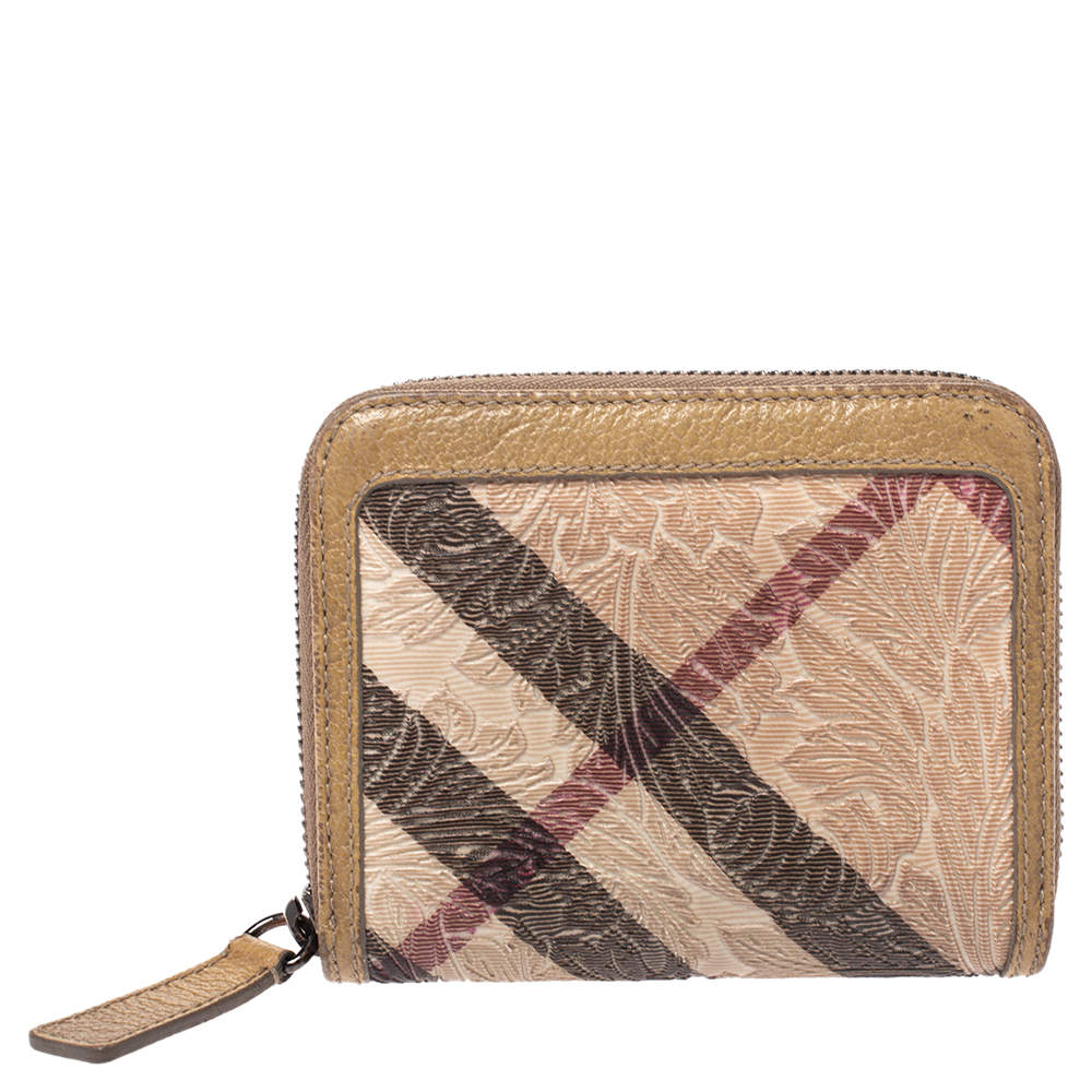 Pre Owned Burberry Beige Floral Embossed Nova Check PVC and Leather Zip Around Compact Wallet