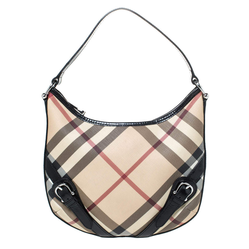 Burberry Beige/Black Nova Check Coated Canvas and Patent Leather Barton Hobo