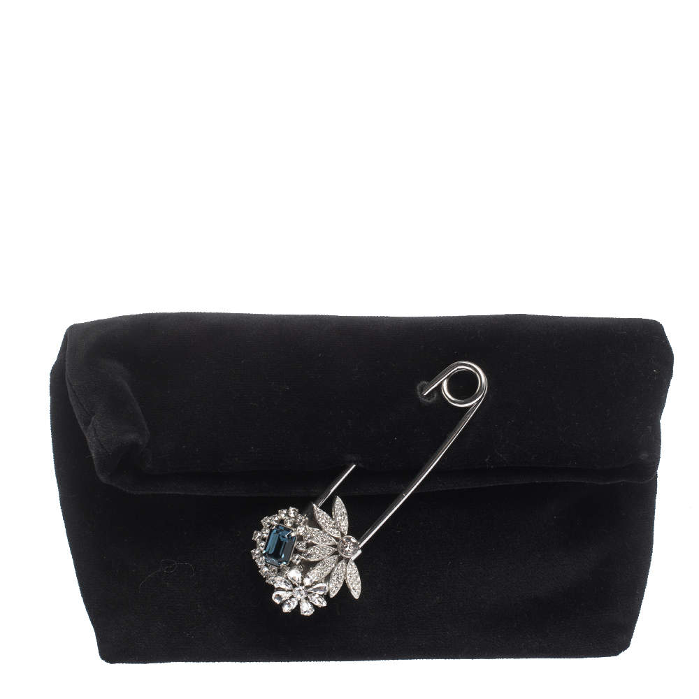 Burberry Black Velvet Crystal Embellished Pin Clutch