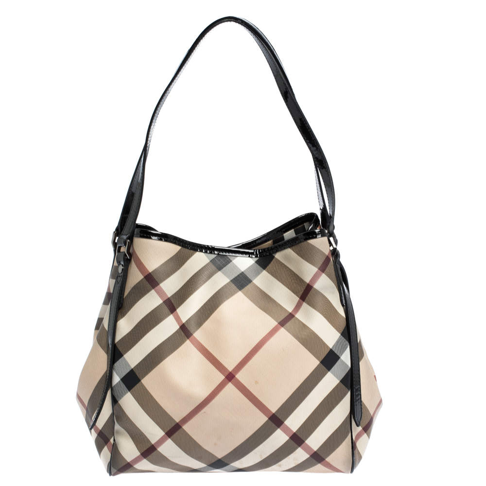 Pre Owned Burberry Black/Beige Nova Check PVC and Patent Leather Small Canterbury Tote