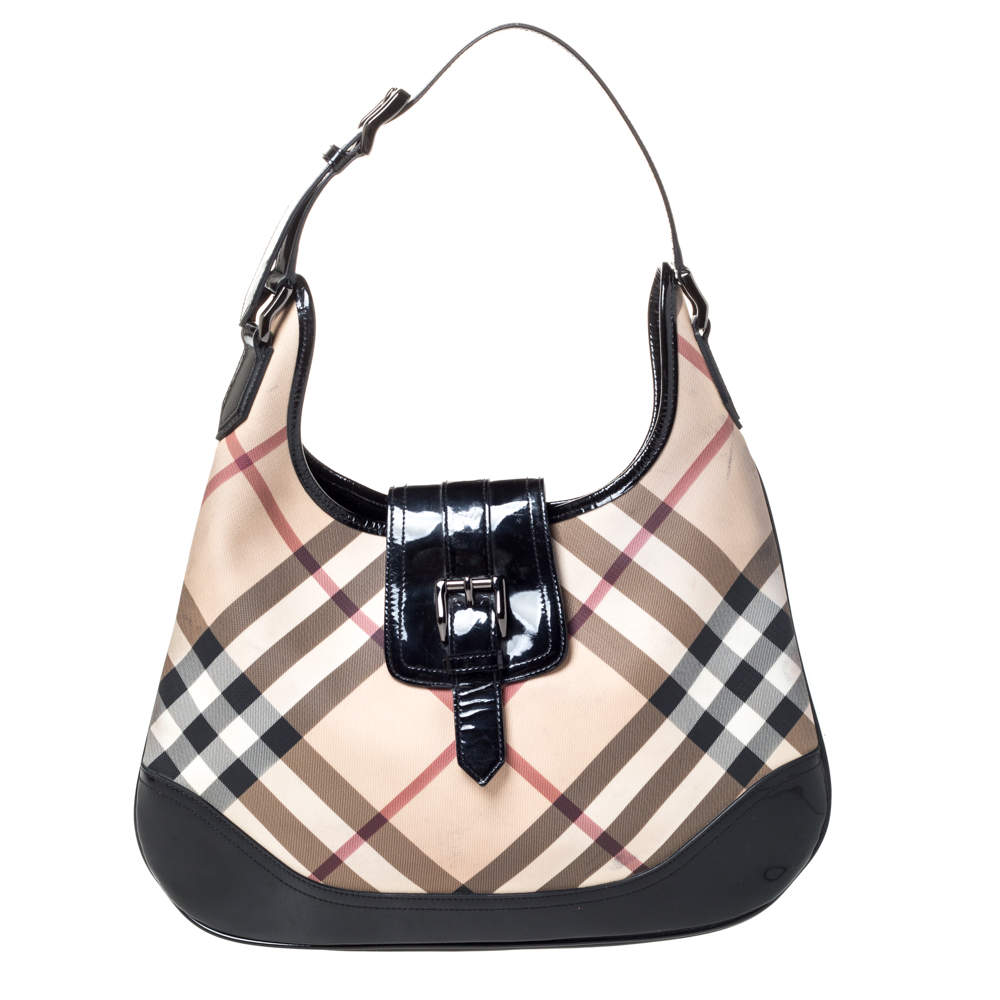 Burberry Hobo Bag Multicolor Nova Check Pattern Black Leather 