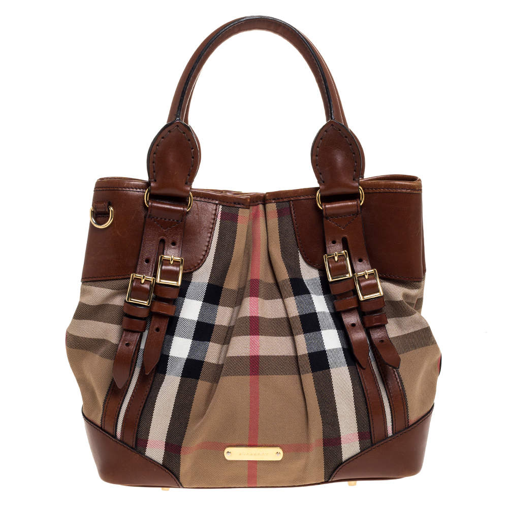 Pre Owned Burberry Brown House Check Canvas and Leather Bridle Whipstitch Tote