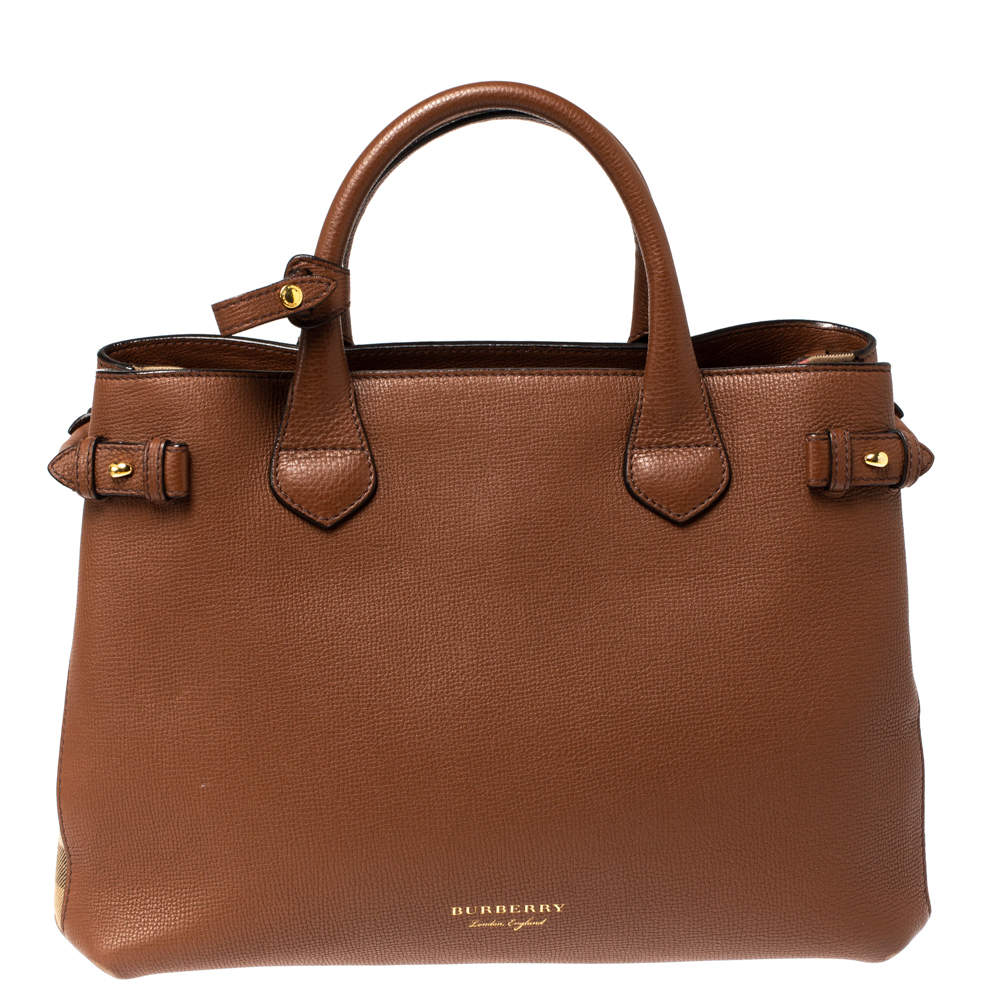Pre Owned Burberry Brown Leather and House Check Fabric Medium Banner Tote