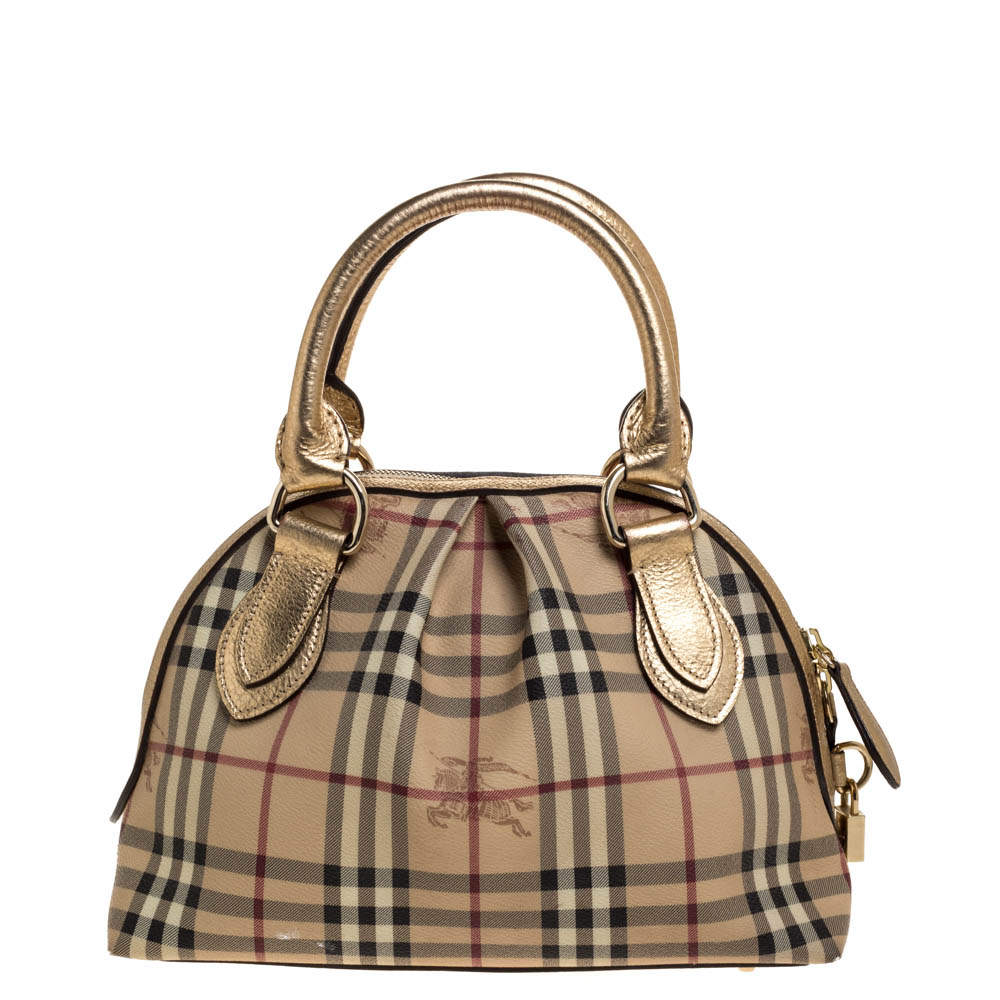 Burberry Gold/Beige Haymarket Check Coated Canvas and Leather Thornley Satchel