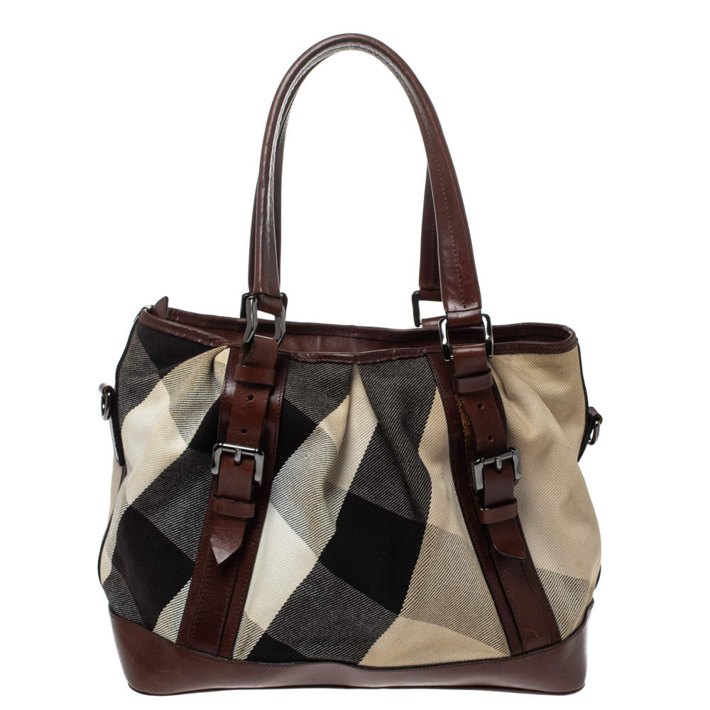 Pre Owned Burberry Beige/Brown Mega Check Canvas and Leather Lowry Tote