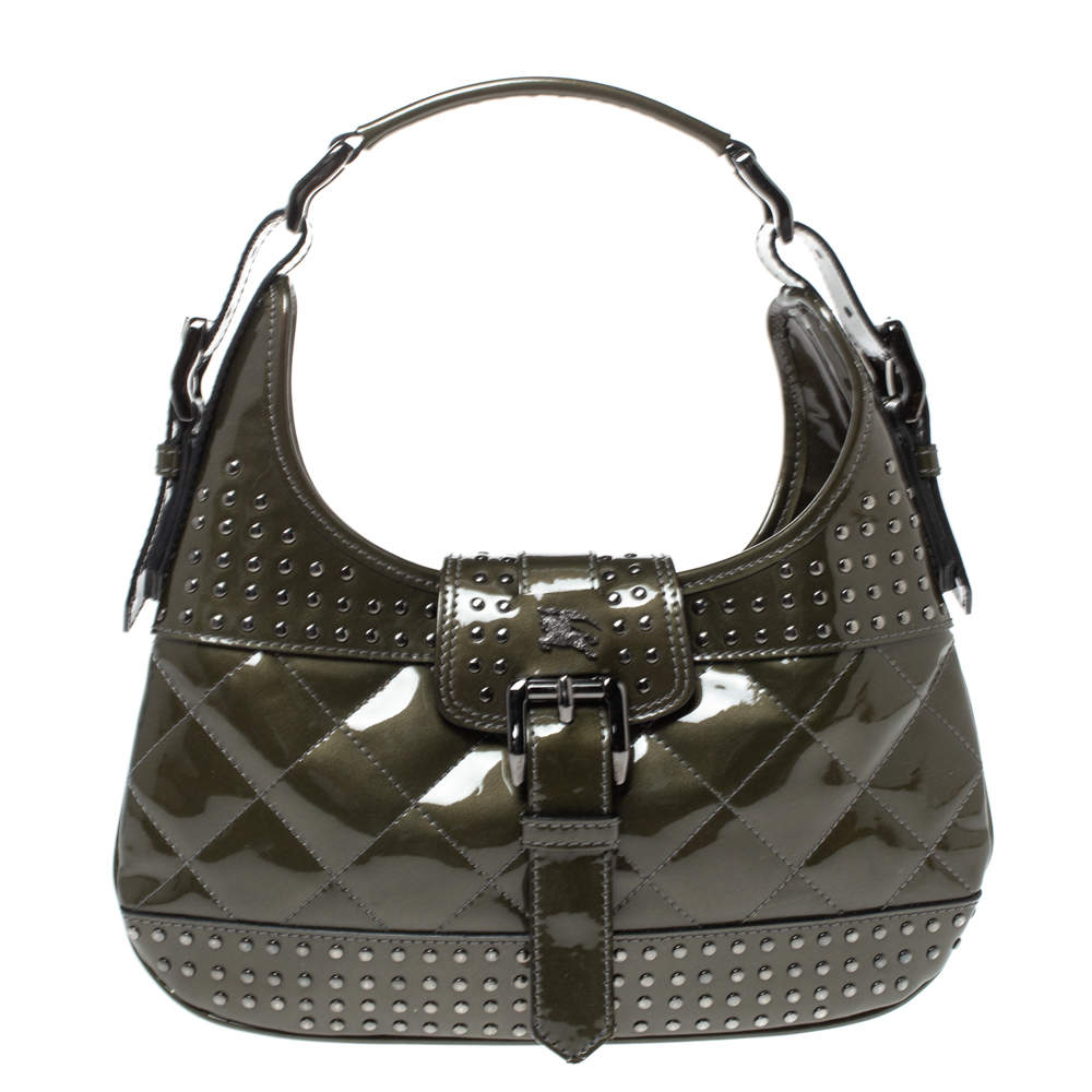 Pre Owned Burberry Olive Green Patent Leather Studded Brooke Hobo