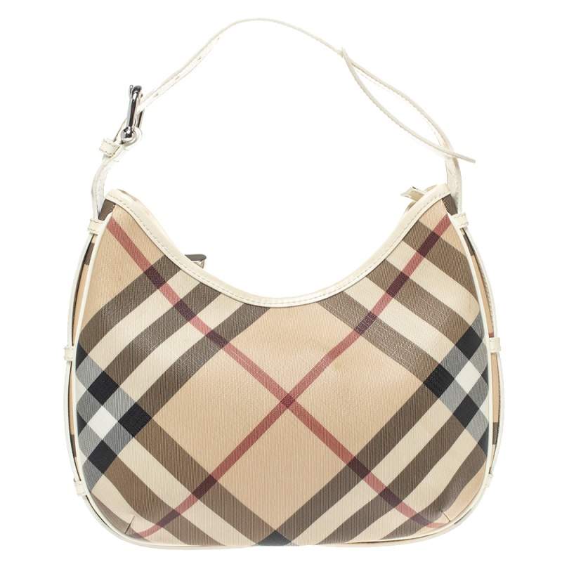 Pre Owned Burberry White Nova Check Coated Canvas and Leather Small Barton Hobo