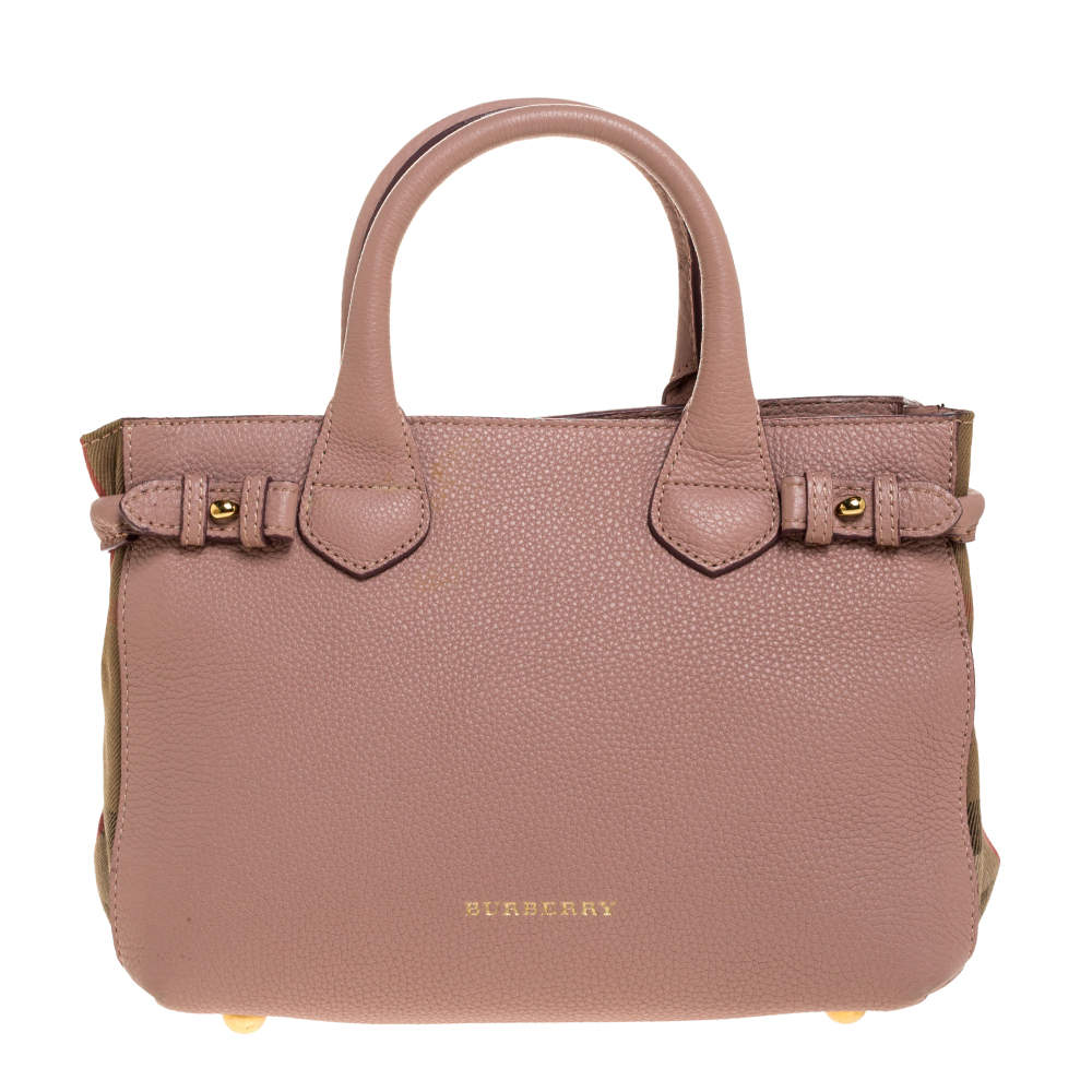 Pre Owned Burberry Blush Pink Leather and House Check Canvas Small Banner Tote