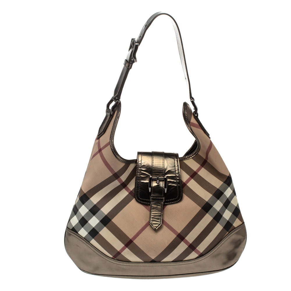 مملوكة مسبقًا Burberry Metallic/Beige Nova Check PVC and Patent Leather Large Brooke Hobo