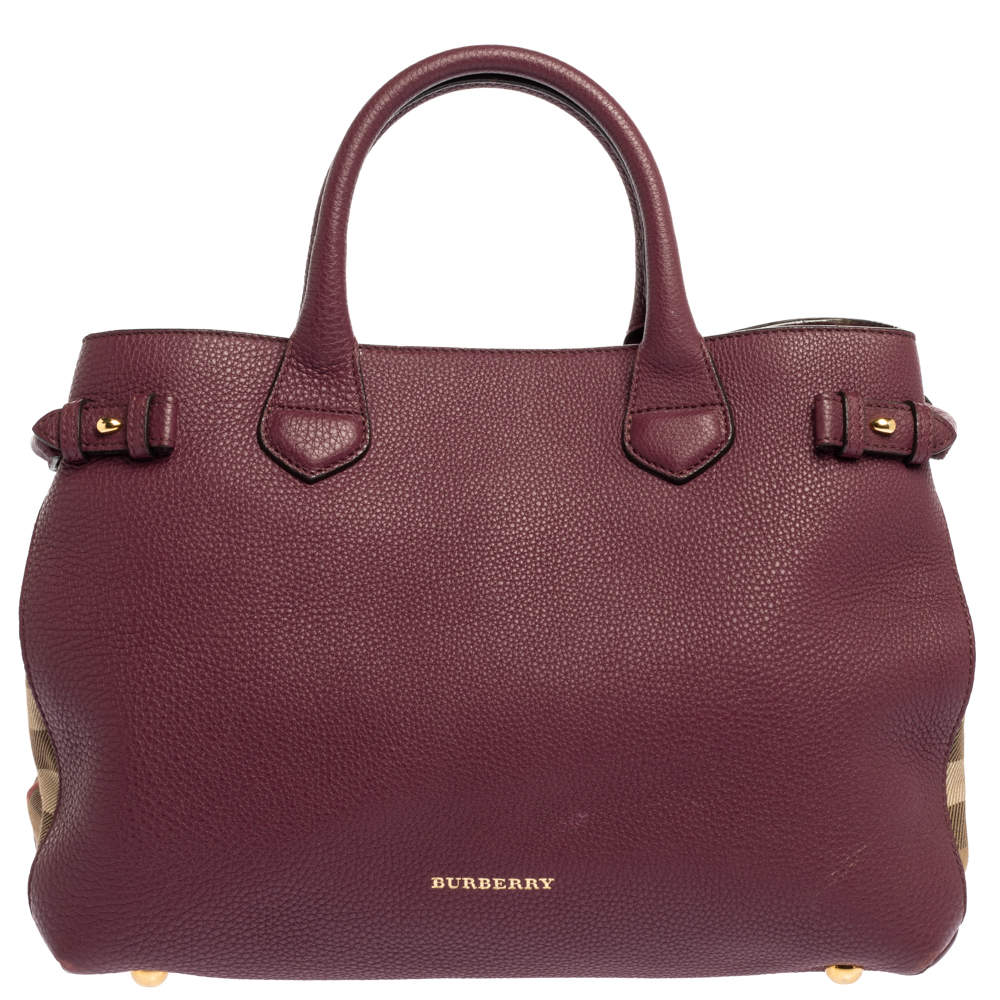 Pre Owned Burberry Burgundy Leather and House Check Fabric Medium Banner Tote