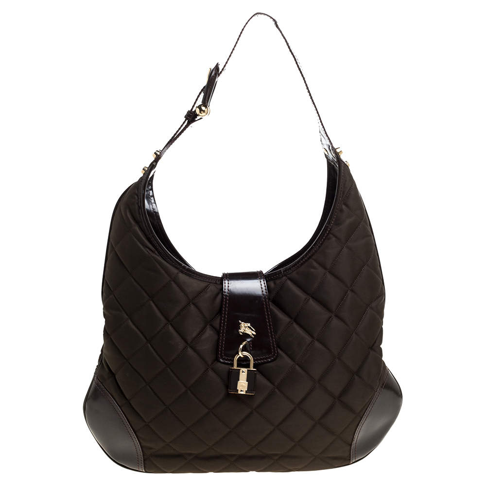 Burberry Dark Brown Quilted Nylon and Patent Leather Brooke Hobo