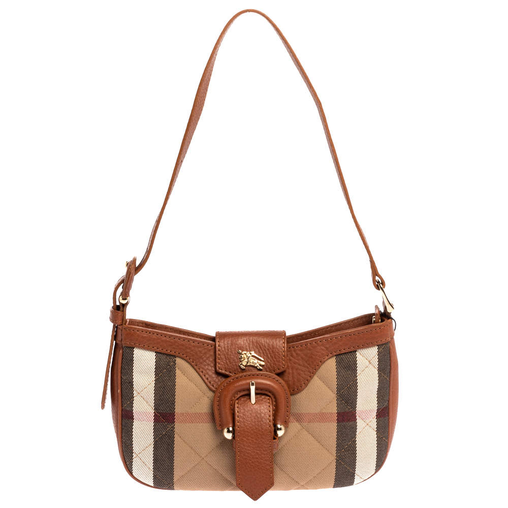 Pre Owned Burberry Beige/Tan House Check Canvas and Leather Shoulder Bag