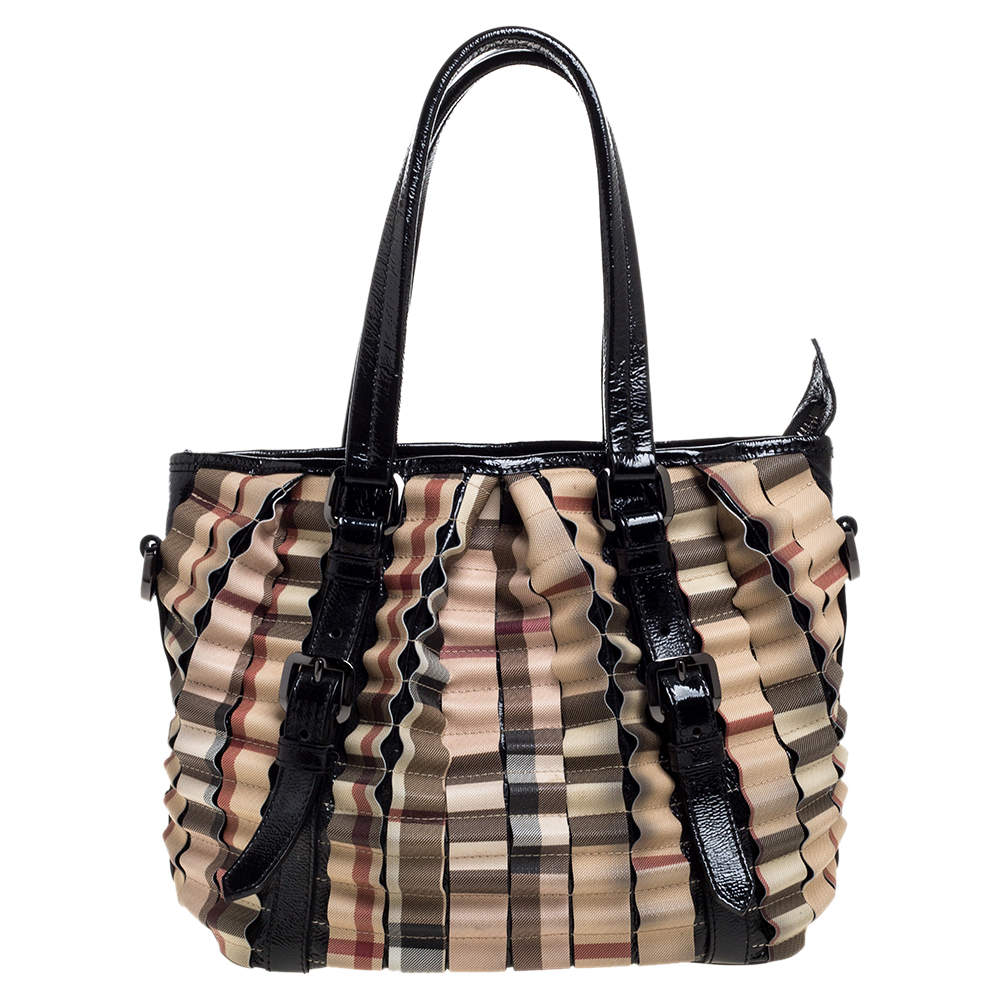 Burberry Black/Beige House Check PVC and Patent Leather Lowry Ruffle Tote