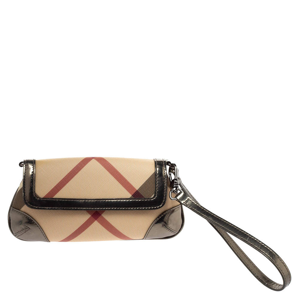 Pre Owned Burberry Beige/Metallic Nova Check PVC and Patent Leather Wristlet Clutch