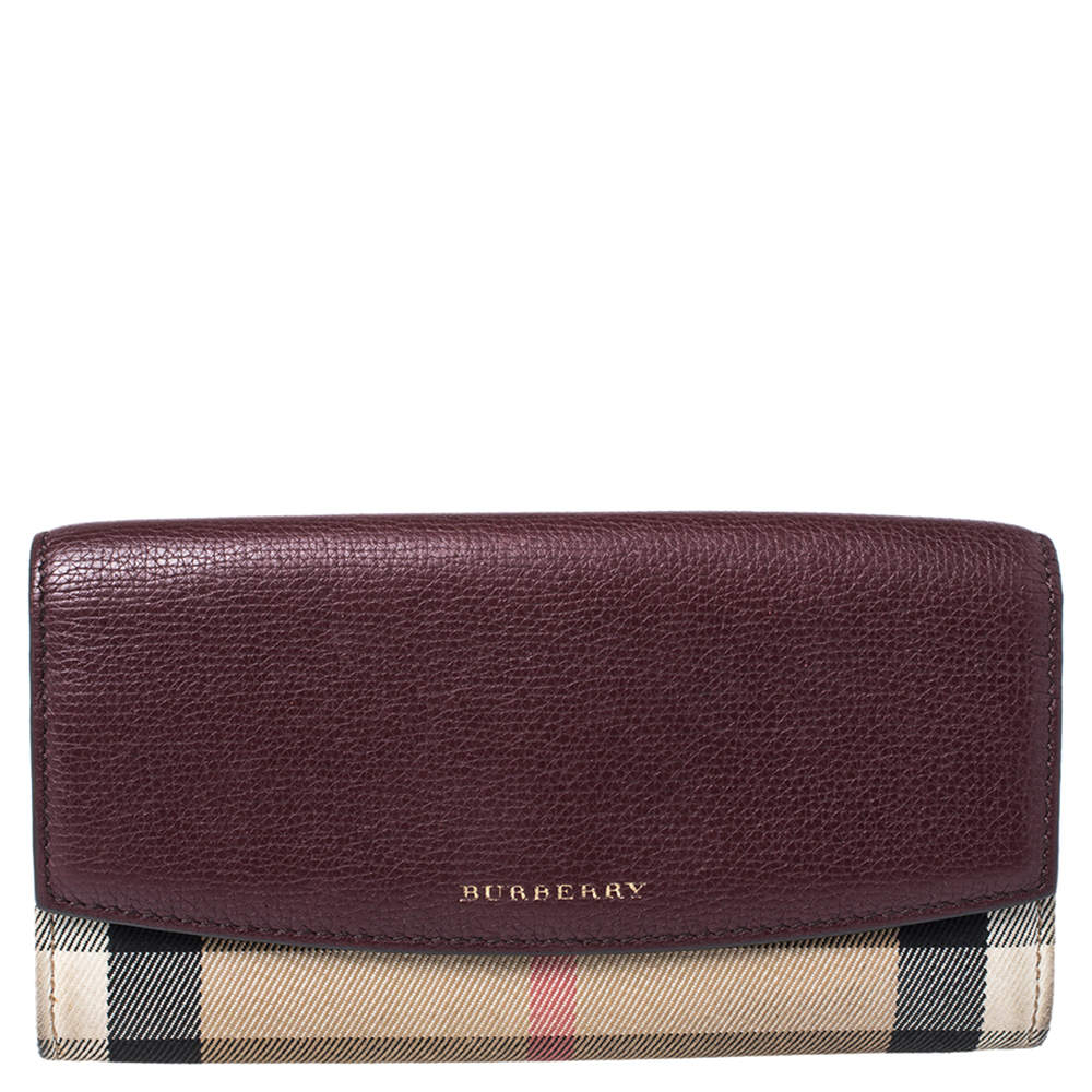 Burberry Burgundy House Check Canvas and Leather Flap Continental Wallet