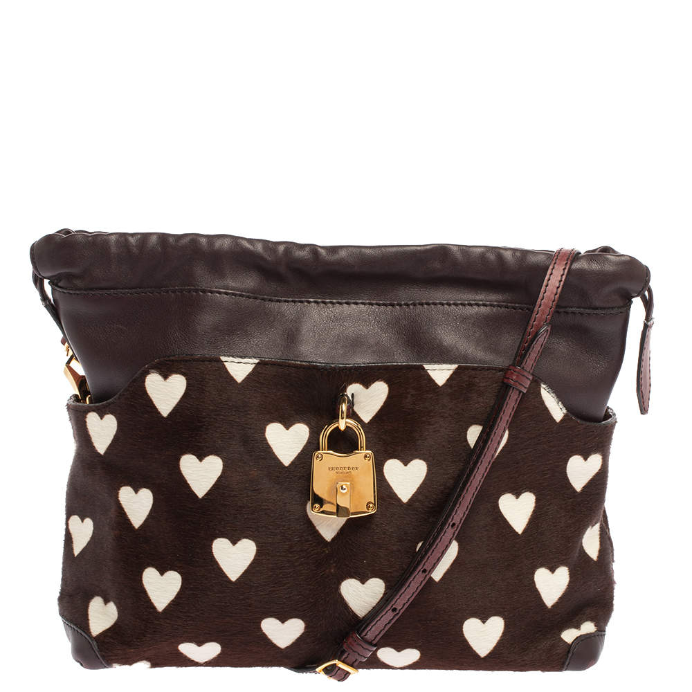 Burberry Brown Heart Print Calfhair and Leather Little Crush Crossbody Bag