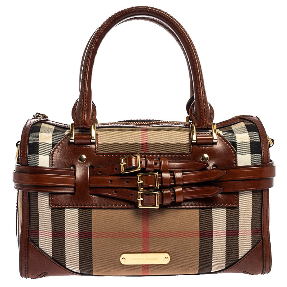 Burberry Beige/Brown House Check Fabric and Leather Bridle Chester Bowling Bag