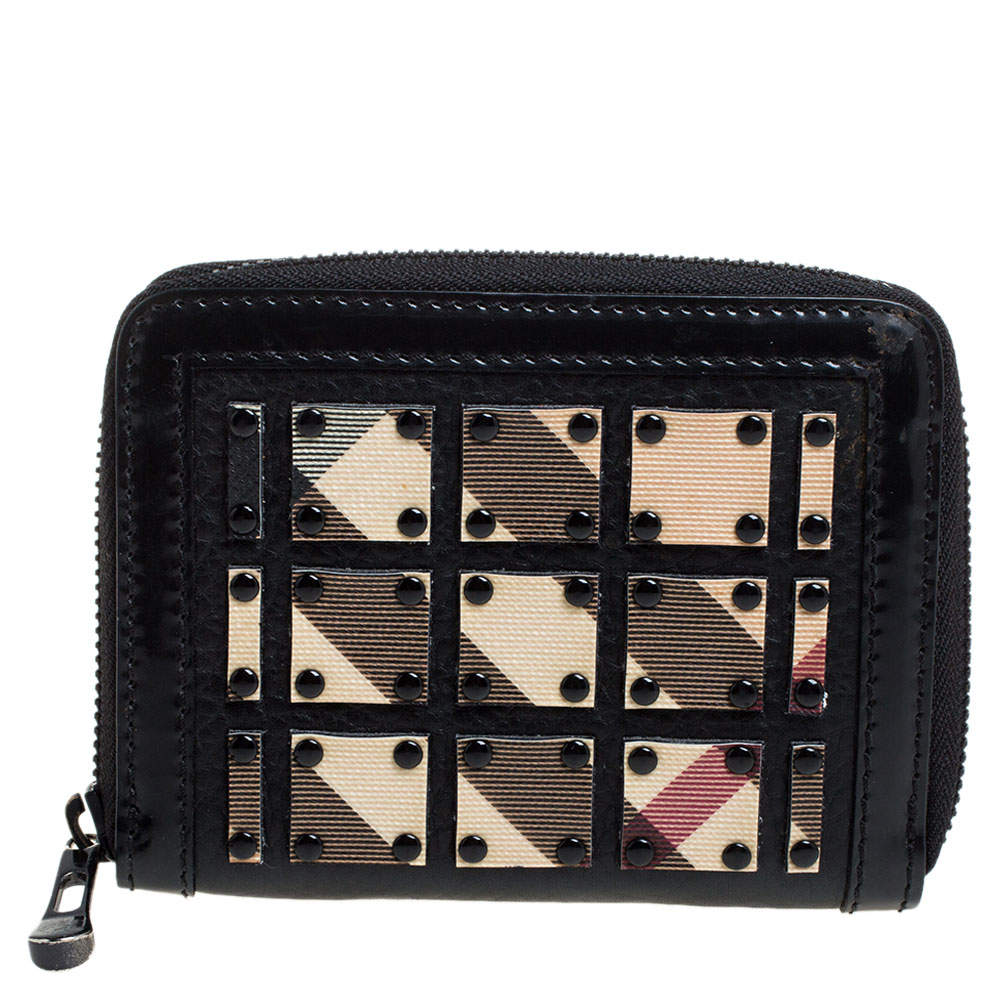 Pre Owned Burberry Black/Beige Canvas and Patent Leather Small Warrior Zip Around Wallet