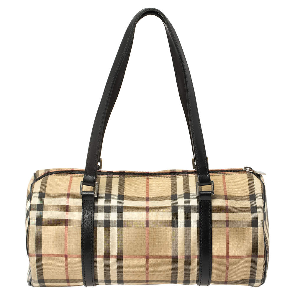 Pre Owned Burberry Beige/Black House Check Coated Canvas Duffel Bag