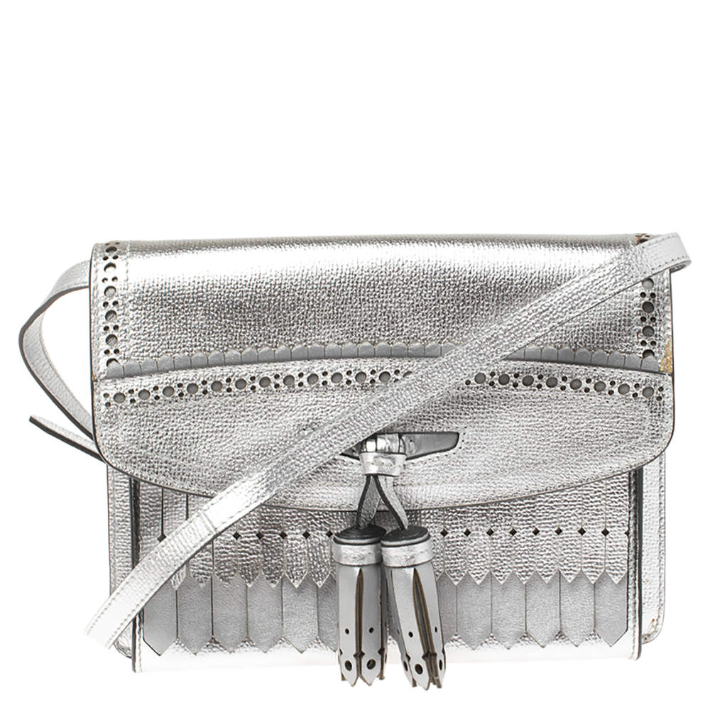 Burberry Silver Leather Macken Broguing Tassel Shoulder Bag