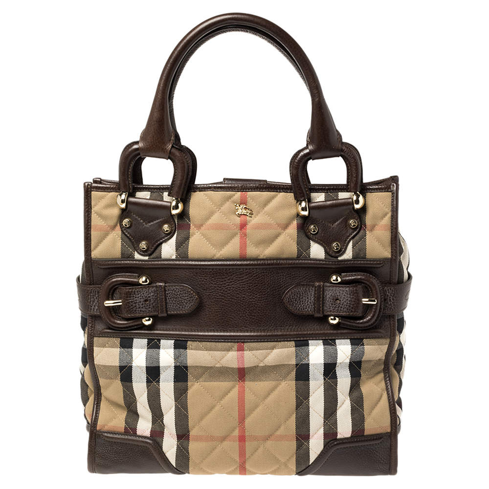 Burberry Brown/Beige House Check Canvas and Leather Buckle Flap Tote