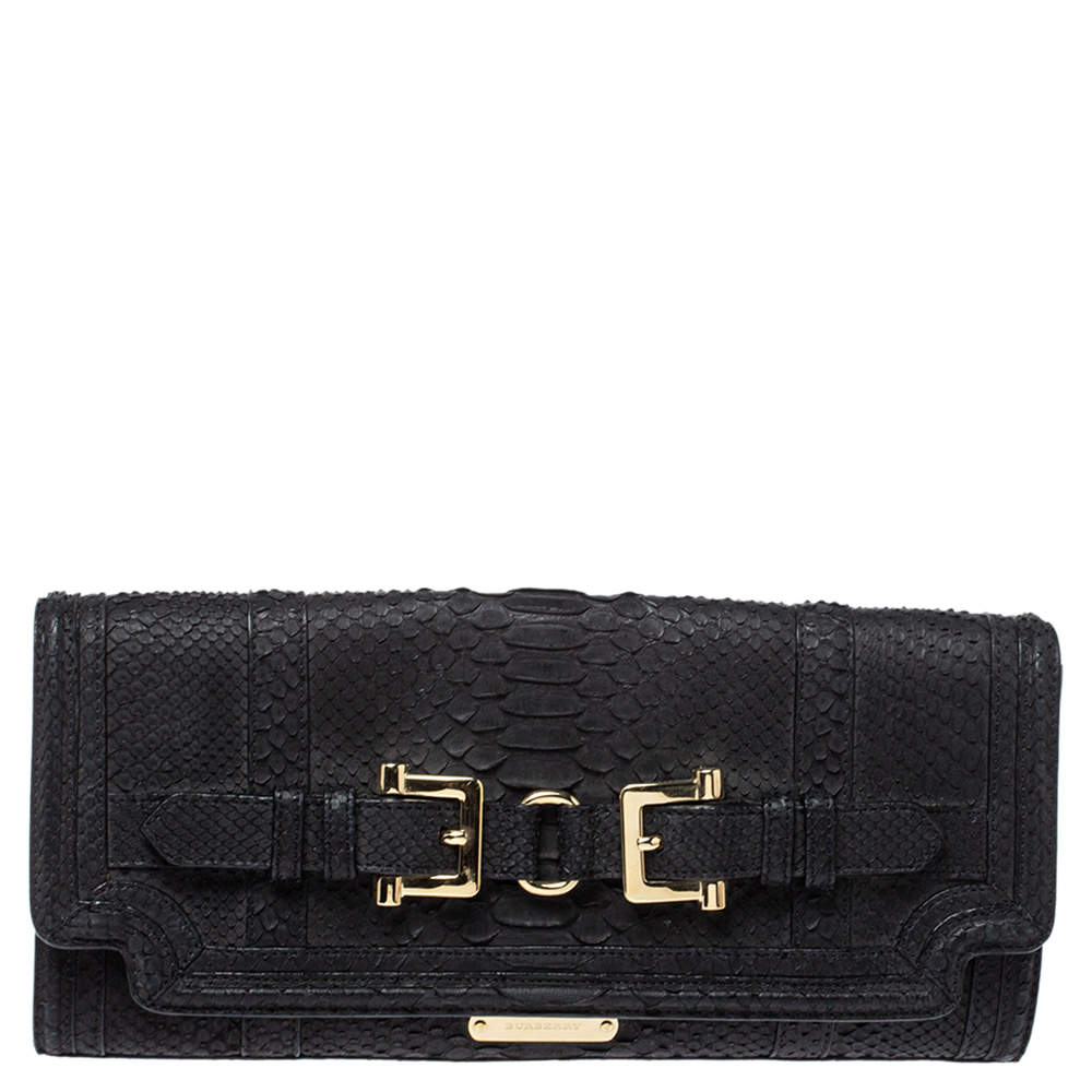 Pre Owned Burberry Black Python Double Buckle Flap Clutch
