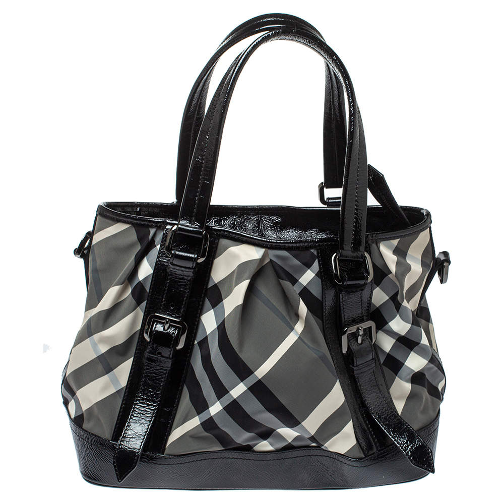 Pre Owned Burberry Grey/Black Beat Check Nylon And Patent Leather Lowry Tote