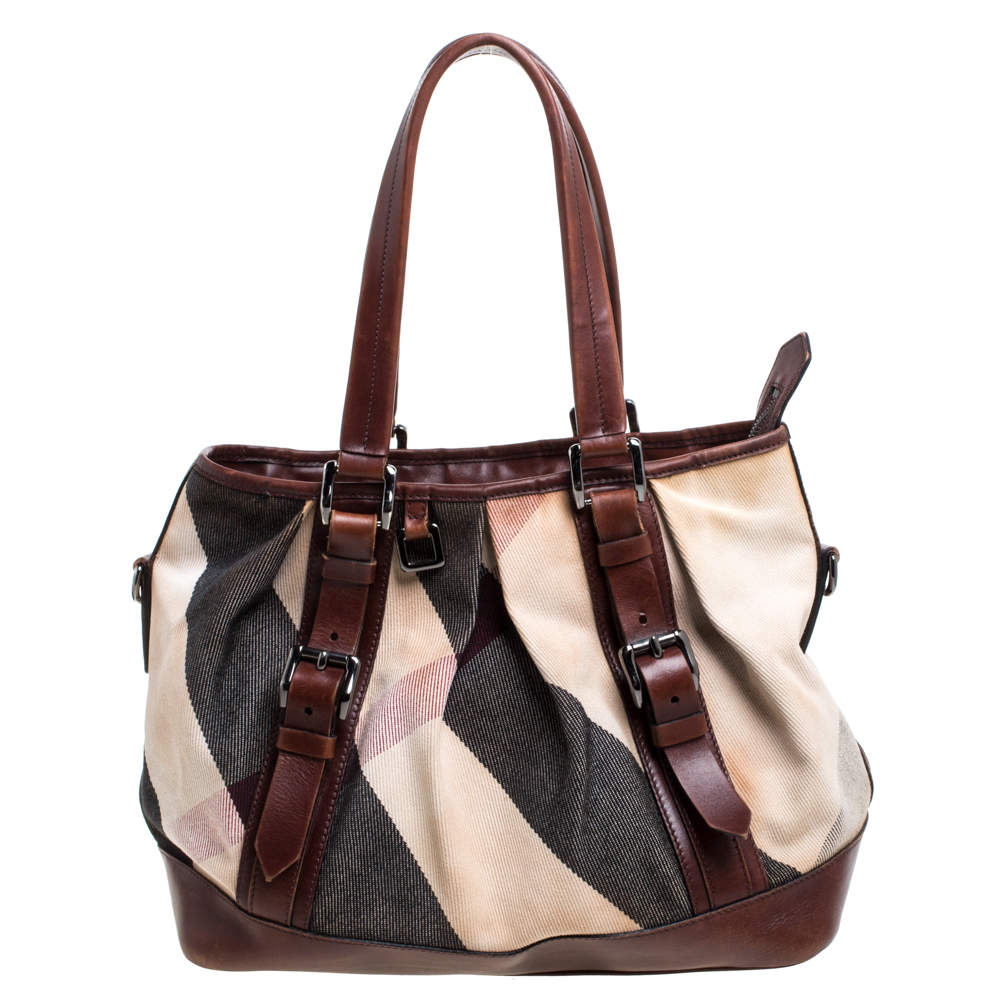 Burberry Brown Leather and Mega Check Canvas Lowry Tote