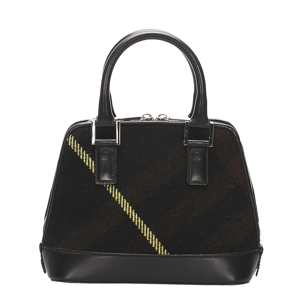 Pre Owned Burberry Black Plaid Wool Satchel