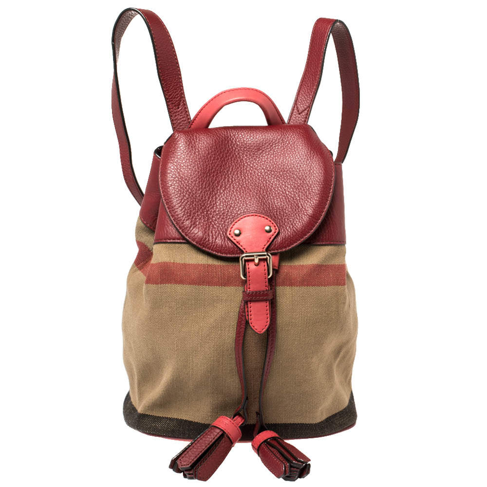 Burberry Brown/Red House Check Canvas and Leather Drawstring Backpack
