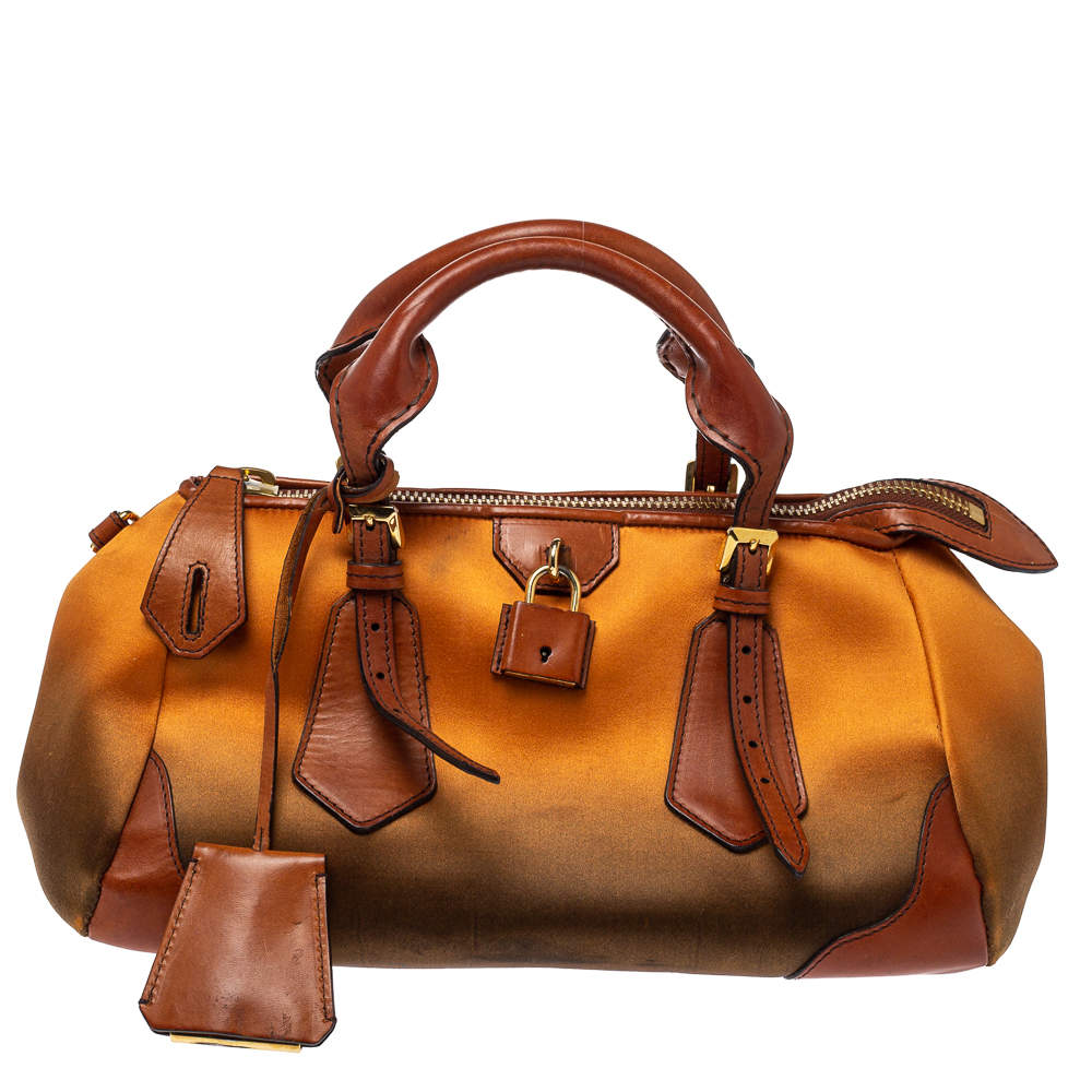 Burberry Ombre Cognac Satin and Leather Padlock Boston Bag