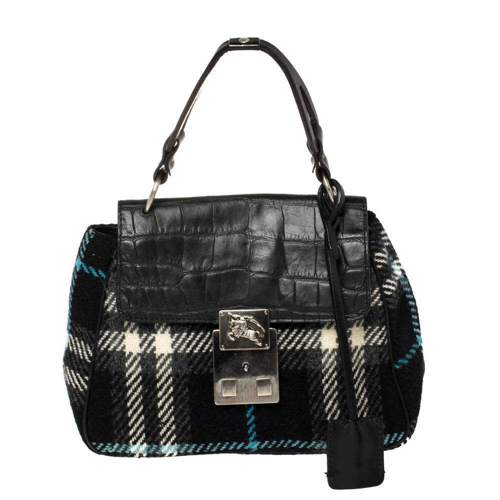 Pre Owned Burberry Black Classic Check Wool and Croc Embossed Leather Vintage Flap Tp Handle Bag