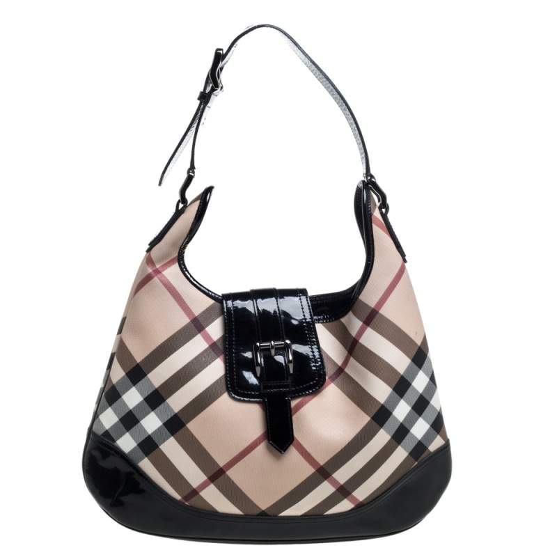 Pre Owned Burberry Beige/Black Nova Check PVC and Patent Leather Large Brooke Hobo