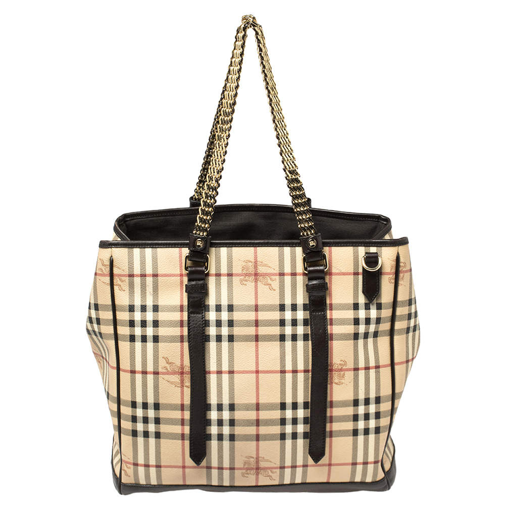 Pre Owned حقيبة يد بربرى سلسلة مزدوجة جلد وكانفاس مقوى كاروهات هايماركت بنية