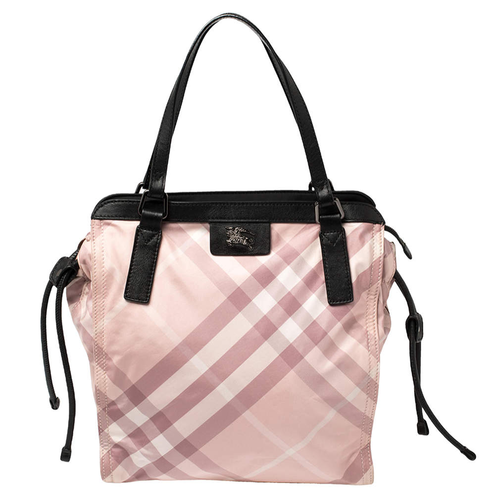 Pre Owned Burberry Pink Check Nylon and Leather Buckleigh Tote