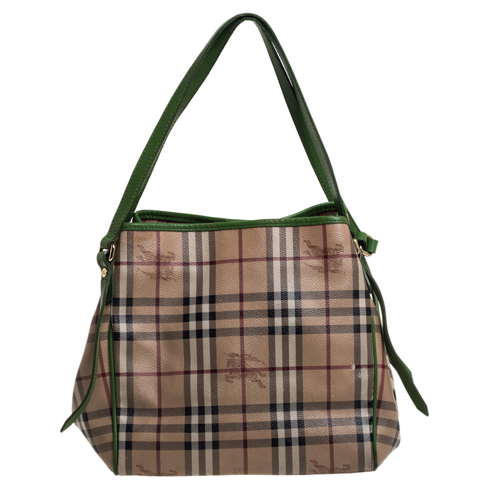 Pre Owned Burberry Beige/Green Haymarket Check Coated Canvas and Leather Small Canterbury Tote