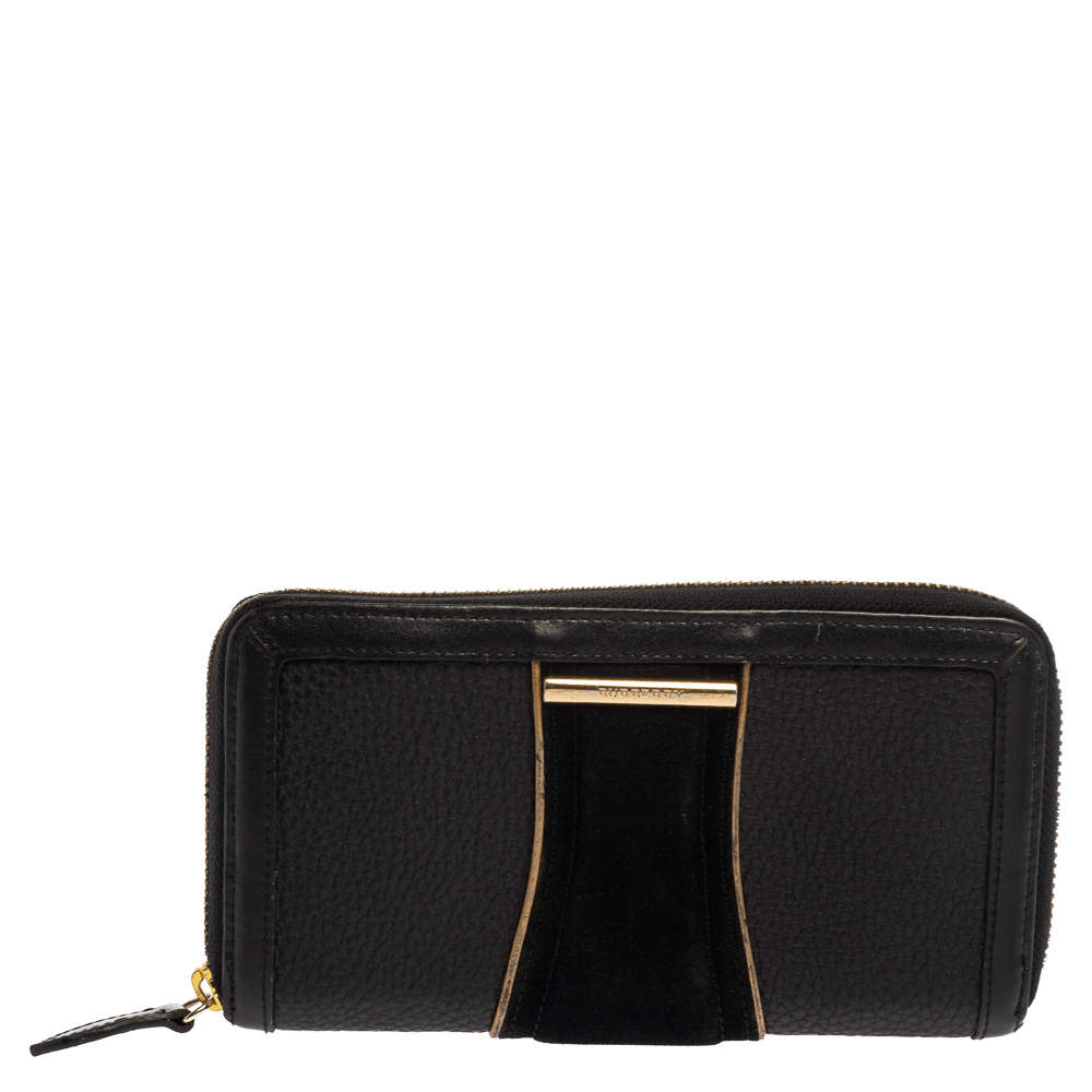 Burberry Black Suede and Leather Zip Around Wallet