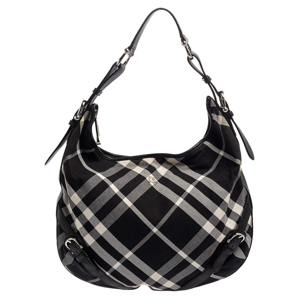 Pre Owned Burberry Black Check Canvas and Leather Large Larkin Hobo