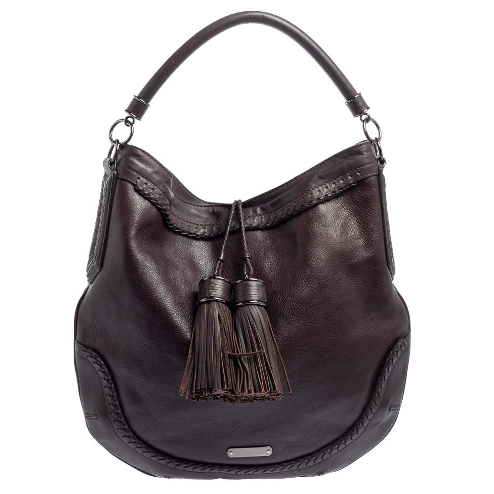مملوكة مسبقًا Burberry Dark Brown Leather Tassel Hobo