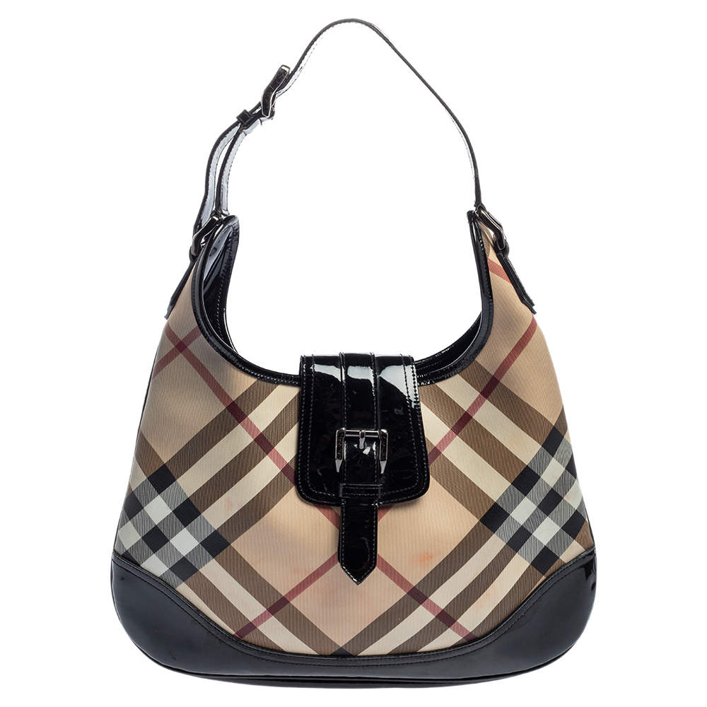 Pre Owned Burberry Beige/Black Nova Check PVC and Patent Leather Large Brooke Hobo