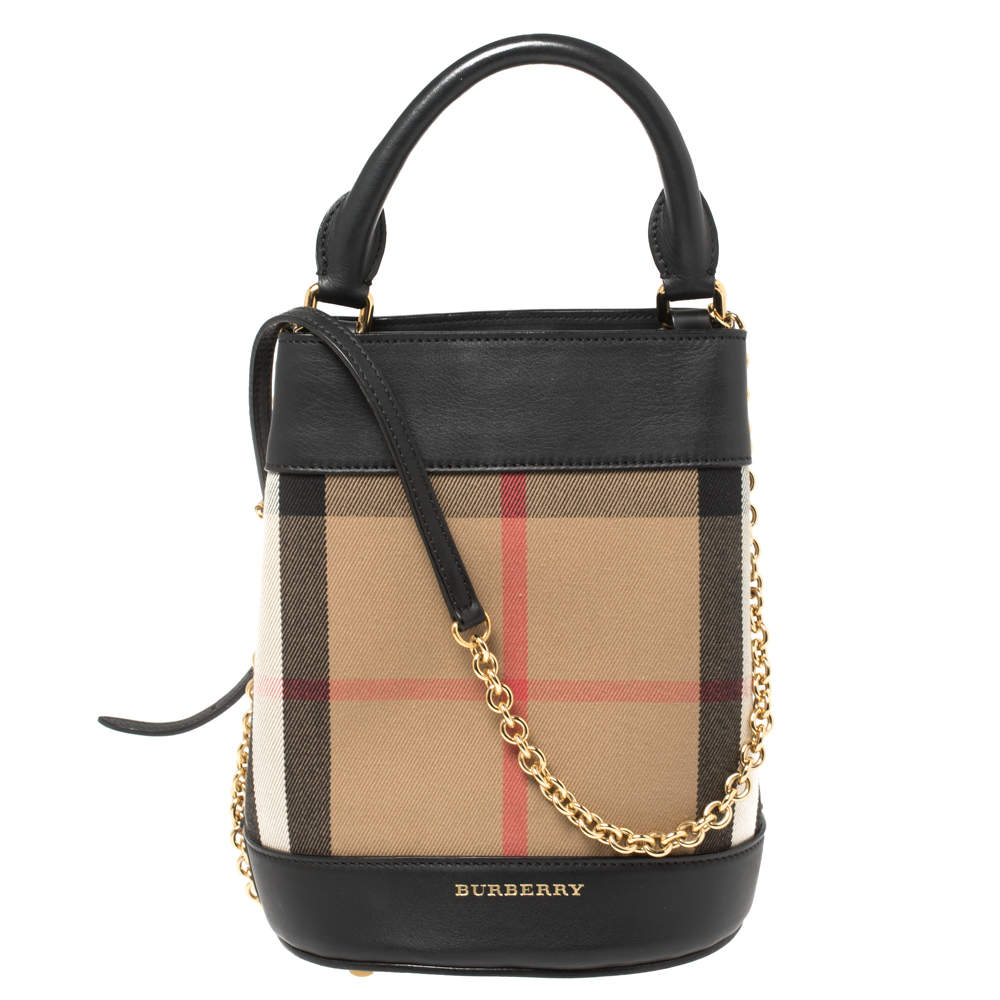 Burberry Black/Beige House Check Canvas and Leather Mini Bucket Chain Bag