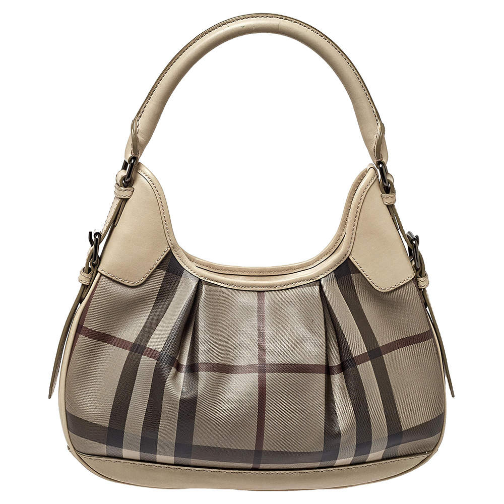 مملوكة مسبقًا Burberry Grey Smoked Check Coated Canvas Small Brooklyn Hobo