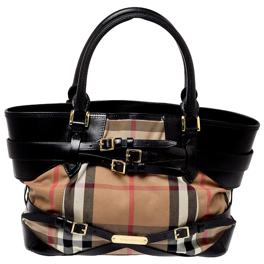 Pre Owned Burberry Black House Check Canvas and Leather Medium Bridle Lynher Tote